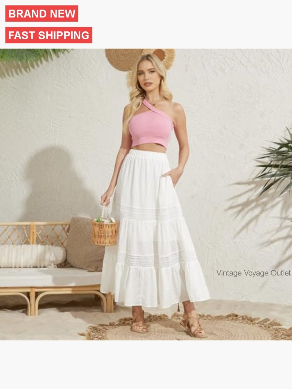 Boho Maxi Skirt with Pockets, Elastic Waist, Lace Tiered A-Line - Picture 3 of 7